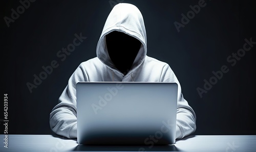 Anonymous hacker with white hoodie typing computer laptop. Concept of ethical hacking. Cybersecurity, Cybercrime, Cyberattack, Generative AI