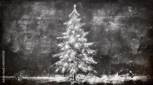 White chalk drawing of a Christmas tree with star on a blackboard. Xmas tree artistic illustration, white on textured black background.