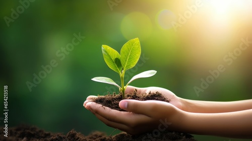 hand children holding young plant with sunlight on green nature background. concept eco earth day, Generative AI