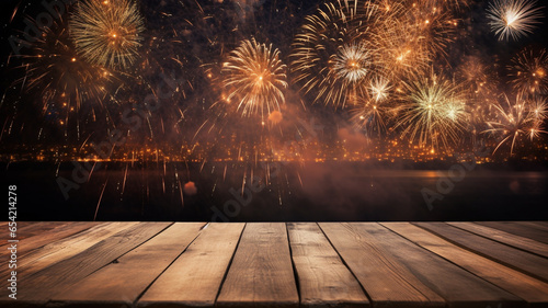 Empty wooden plank table with festive fireworks firecrackers festive day of independence in the sky party holiday celebration. 
