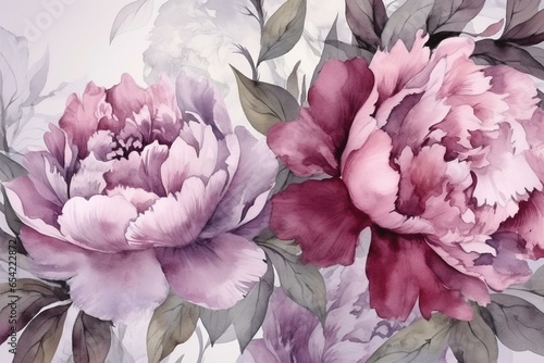 Floral pattern with peonies on light background. Watercolor design for textiles, interior, clothes, wallpaper. Botanical art. Generative AI