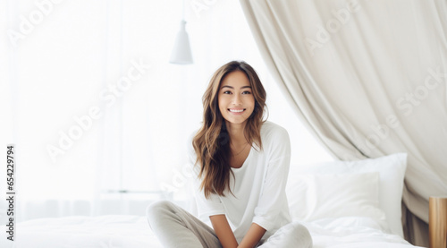south east asian young woman happily sitting on her bed look suround her, white plain background