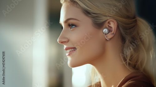 Woman placing hearing aid on her ear
