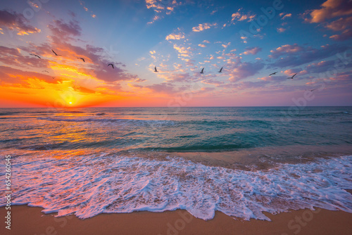 Ocean sunrise over beach shore and waves. The sun is rising up over sea horizon