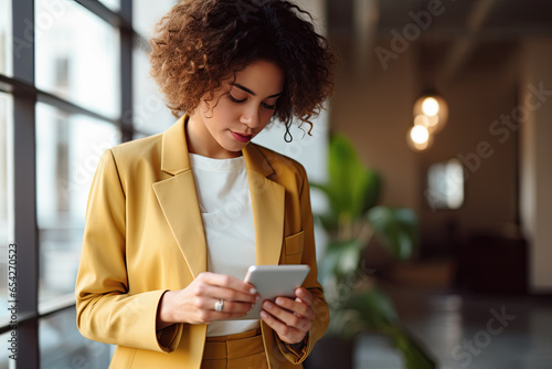 Mujer afroamericana trabajadora, ejecutiva, con traje amarillo y camisa blanca utilizando un movil en la oficina de una empresa