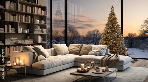 salon lujoso de un apartamento moderno con grandes ventanales, decorado con sofa claro, estanterias y arbol de navidad, con vistas a una ciudad con rascacielos