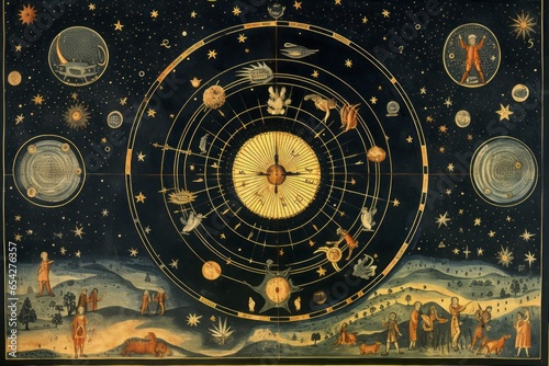 An ancient celestial map with intricate constellations and mythical figures.