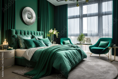 Captivating Emerald Green Bedroom Interior: A Serene Oasis of Tranquil Ambiance with Luxurious Accents, Inviting Comfort, and Refreshing Rejuvenation.