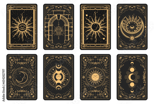 Tarot cards batch reverse side, magic frame with esoteric patterns and mystic symbols, sun and moon sorcery, vector