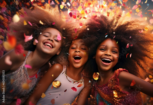Three girls of different ages laugh joyfully in a diverse, festive crowd.