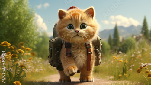 A cute kitten with a backpack going to school