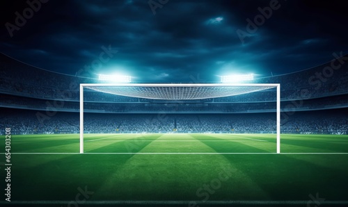 Football stadium penalty spot view with empty goal and cheering fans on background. Digital 3D illustration for sport advertising, Generative AI