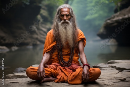 Photo of a Hindu Sadhu in deep meditation sitting on a rocky outcrop - created with Generative AI technology