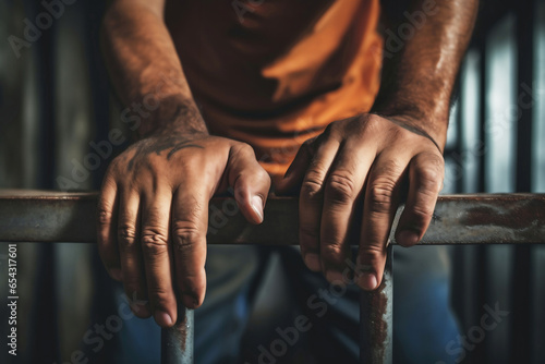 The male prisoner grabbed the prison bars with his hands. The pain and suffering of the prisoner. The inevitability of a judicial verdict. Hopelessness. The punishment of the criminal.