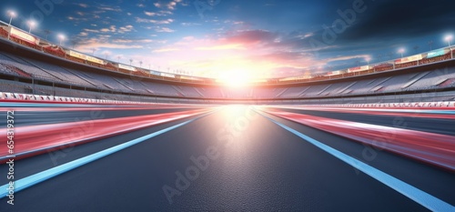 Starting race from pole position on illuminated racing circuit and dawn sky on background. Professional automotive and sports 4K video in seamless, Generative AI