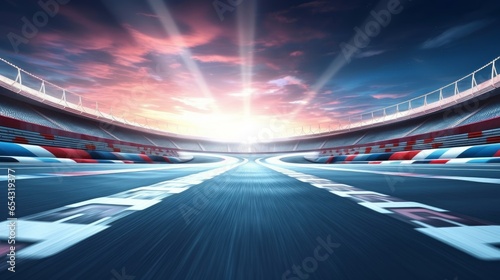 Starting race from pole position on illuminated racing circuit and dawn sky on background. Professional automotive and sports 4K video in seamless, Generative AI