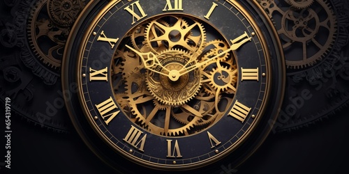 Golden black old clock close up at front view on dark background with cog wheel pattern. Design of my own. 3D illustration, Generative AI