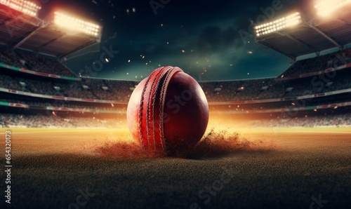 Cricket ball on the pitch in a thrilling night match. Generative AI