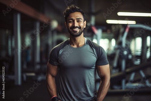 Smiling young Indian man wearing sportswear posing in gym