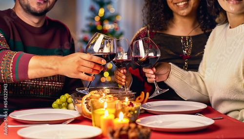 Três pessoas brindando com taças de vinho em uma mesa de jantar luzes de natal no fundo