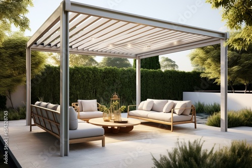 3D-rendered outdoor terrace featuring a modern pergola. Generative AI