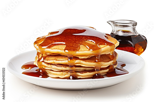 Plate of Pancakes with Maple Syrup Isolated on a white Background