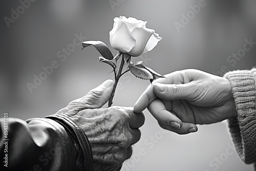 Elderly man giving rose to his wife. Closeup of hands and flower. Generative Ai