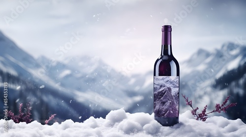 A bottle of wine on the snow with a winter mountains background. Banner with copy space.