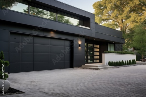 Modern Black Garage Entry Door. Realistic Estate Building Gate in a Sectional Front Design