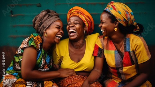 Three Congolese women friends smiling and laughing together, dressed in color, against a colorful background of yellow, blue, orange, green, and red