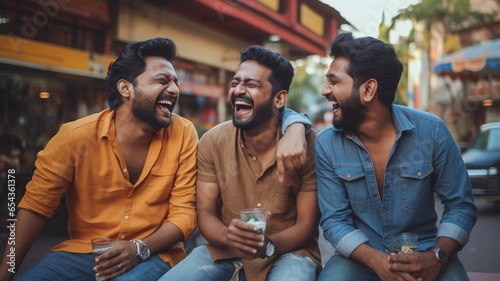 Three Indian men friends smiling and laughing together, dressed in color, against a colorful background of yellow, blue, orange, green, and red