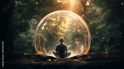 An individual meditates serenely in a forest, encased in a protective bubble. The scene symbolizes mental health, inner peace, and the emotional safety one finds through nature.