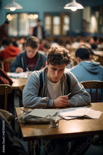 A focused student, seated at a tidy desk within a calm and well-lit classroom setting, is engrossed in answering an exam paper, the scene highlighting concentration and academic pursuit
