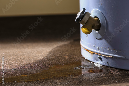 Water leaking from the plastic faucet on a residential electric water heater sitting on a concrete floor.