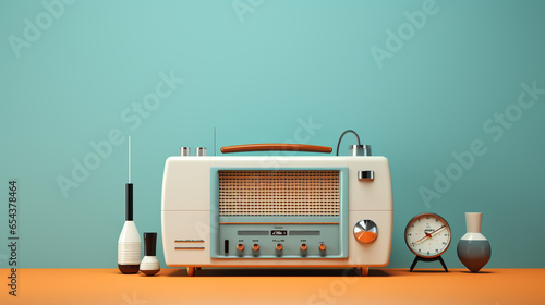 old analog radio tuner. 3d illustration of vintage radio receiver, flat style. Retro radio. Transistor radio receiver 3d background with copy space