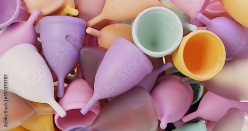 3d illustration of a render of colorful bright menstrual cups. Women's intimate hygiene products fill the screen to the brim. The concept of the benefits of using reusable hygiene products, environmen