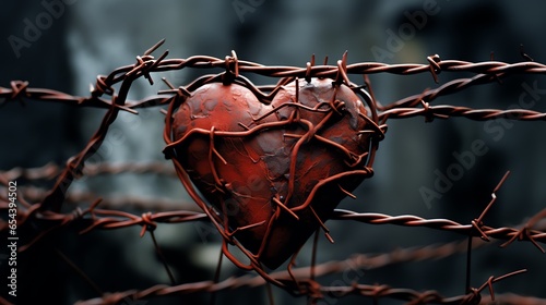 A heart ensnared by the sharp twists of barbed wire. This powerful contrast underscores the delicate nature of love and the defenses we erect, either as shields against hurt or echoes of past scars. 