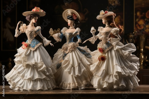 Beautiful antique dolls in baroque style on a wooden table, tutu clothing, dolls with tutu and hat costume, classical dolls performance, dolls dance