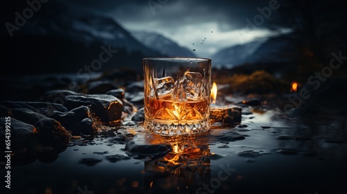 Whiskey glass resting on water, highland mountains background by dark weather