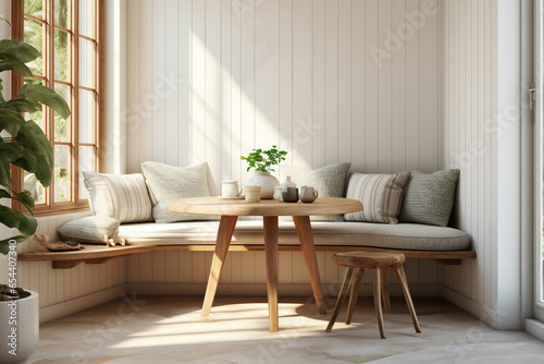 Modern Scandinavian breakfast nook with a round wooden table, a bench adorned with patterned cushions, and a simple, dome-shaped pendant light