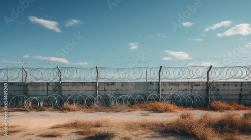 fence with barbed wire on the border between two countries. concept of the problem with migrants. ai generative