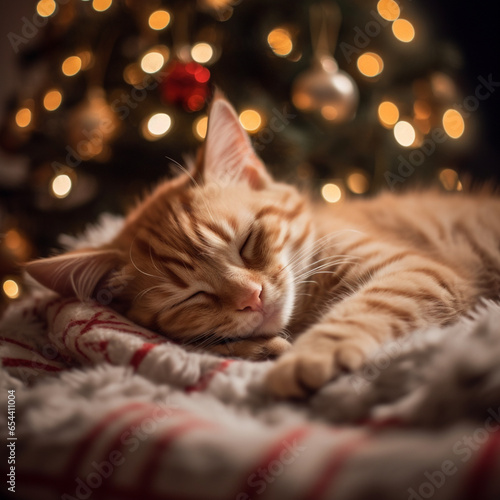 Mateusz cute cat sleeping under a christmas tre, generative ai