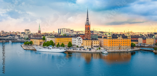 Panoramic view of Gamla Stan at sunset, Stockholm, Sweden.