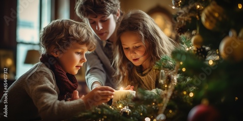 A family putting lights on a Christmas tree, Generative AI.