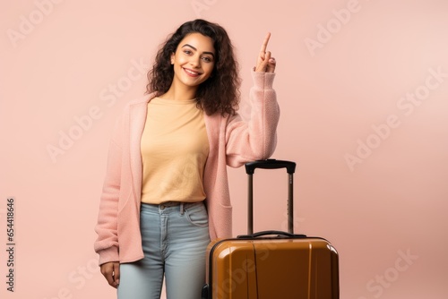 Indian woman ready to go to travel indicates with both forefingers up showing a blank space light pink background studio generative ai 