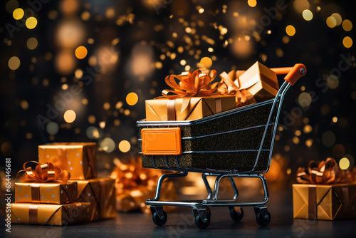 Black Friday shopping cart with gift boxes, Black Friday discounts, blurred background with bright lights