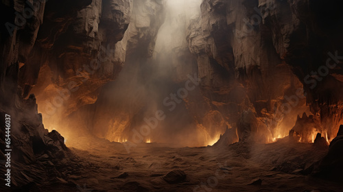 A photo of a rocky cave with smoke emanating from the ground and a fire glowing in the background.