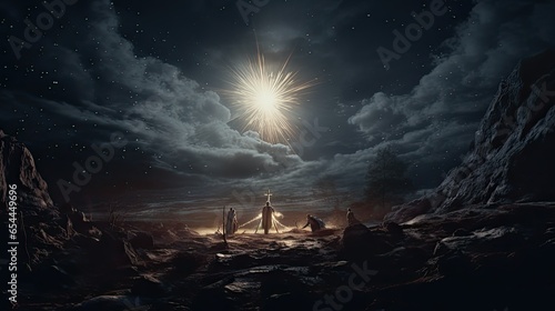 a poignant and spiritually resonant image capturing the essence of the Nativity of Jesus Christ. the sacred scene with the radiant glow of a shining star positioned prominently over the manger.