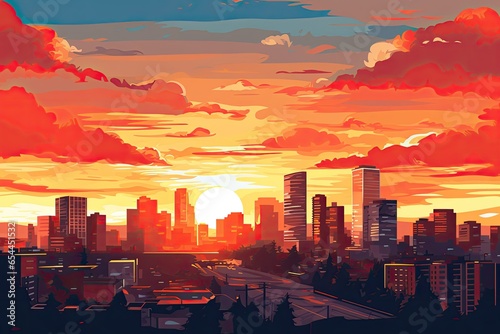 City scenic sunset with outlines of city buildings 