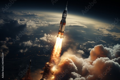 A rocket captured from space, its ascent contrasting dramatically against the inky backdrop of the cosmos.